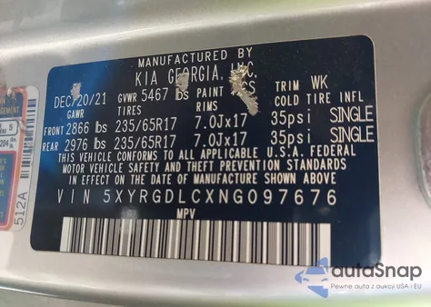 2022 Kia Sorento Lx z USA, uszkodzony, nr VIN 5XYRGDLCXNG097676